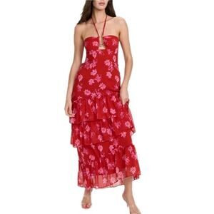 Wayf Chelsea Red Tiered Ruffle Floral Halter Maxi Dress Size XL smocked New Boho